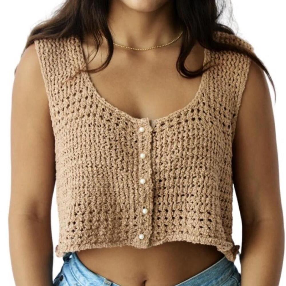 Boho Beachy Olivaceous  tan crochet cropped vest with pearl buttons
